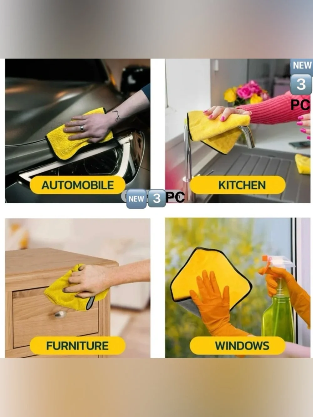 3PC PACK 12x12 Microfiber Cleaning Cloth Yellow/GRAY Multipurpose Home & Auto NW